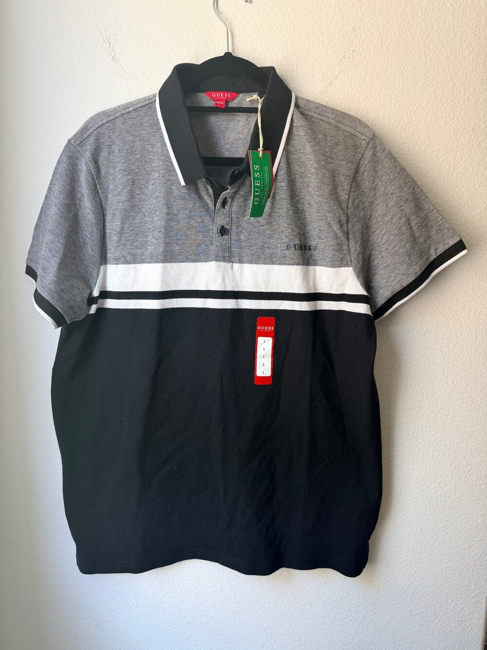 NWT GUESS Mens Gray Black Colorblock Polo Shirt Size Large